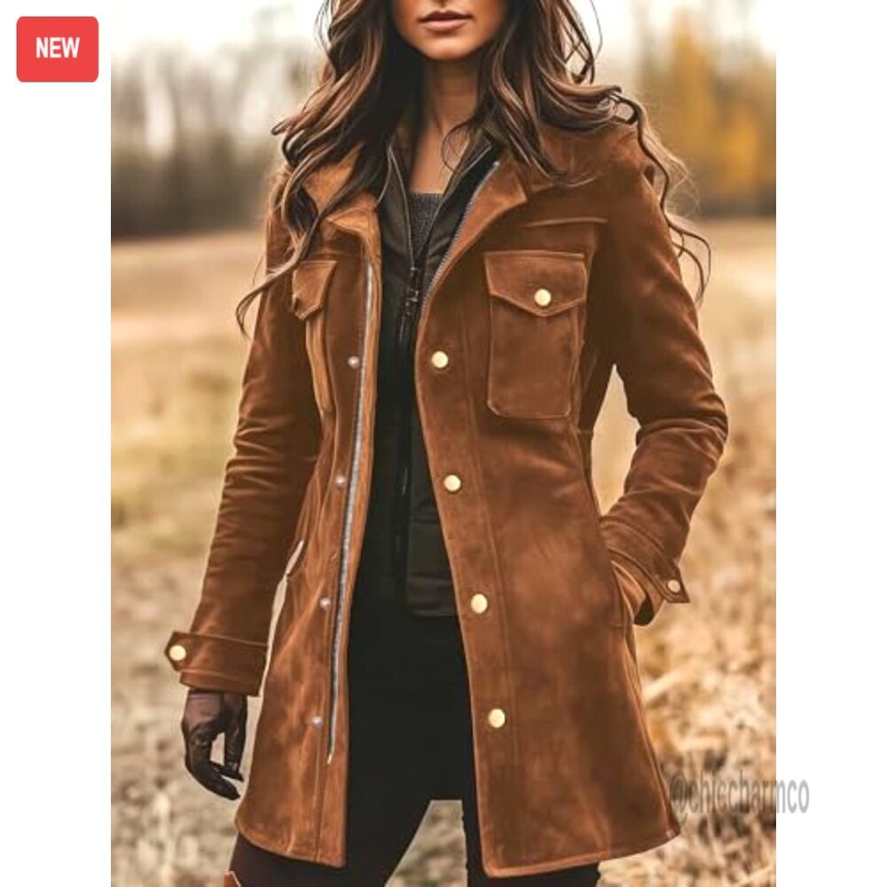 Faux Suede Utility Jacket Zip Up Military Safari Shacket Midi Long - Picture 2 of 2